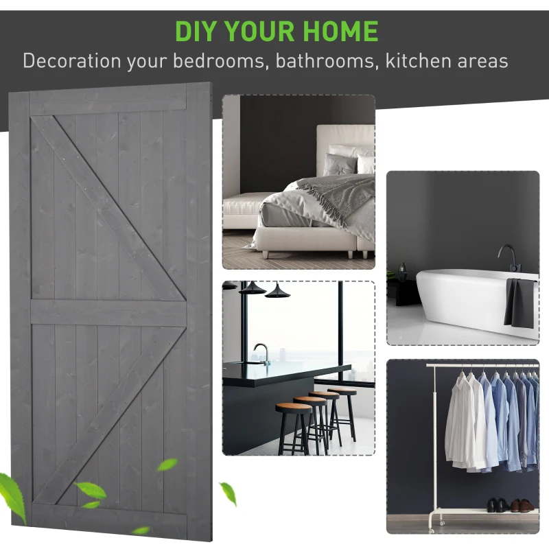 HOMCOM 7' H x 3.5' W Sturdy Sliding Barn Door, Unfinished Solid Spruce Wood Frame with Pre-Drilled Holes - Grey