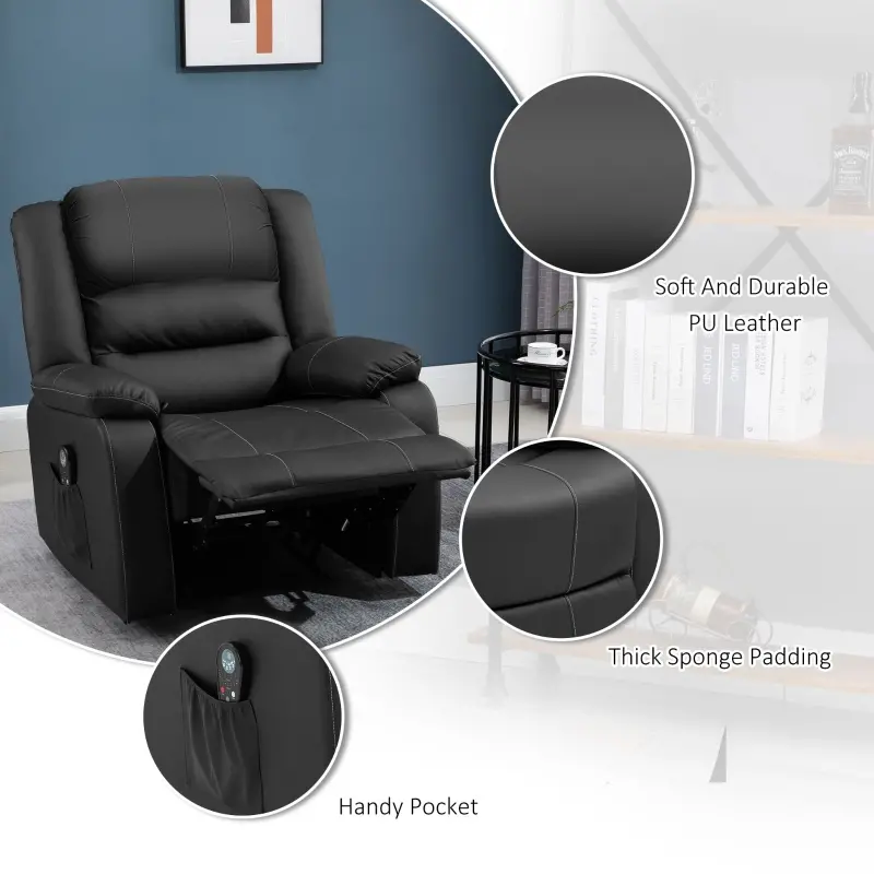 HOMCOM Vibrating Massage PU Leather Recliner Chair with Footrest, Remote Control, and 8 Massaging Points, Black