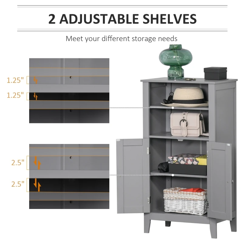 kleankin Bathroom Floor Cabinet, Freestanding Bathroom Storage Cabinet with 2 Open Shelves, Double Doors and 2 Adjustable Shelves, Small Cabinet for Bathroom, Washroom, Gray