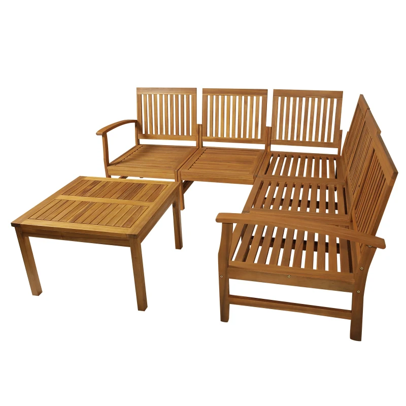 Outsunny 6 Piece L Shape Garden Sofa Set Solid Acacia Wood Garden Furniture Set with a Coffee Table for Yard and Bistro, Cream