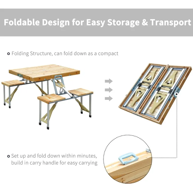 Outsunny 54" Portable Camping Table with 4 seat Wooden Portable Folding Picnic Table Set with Umbrella Hole