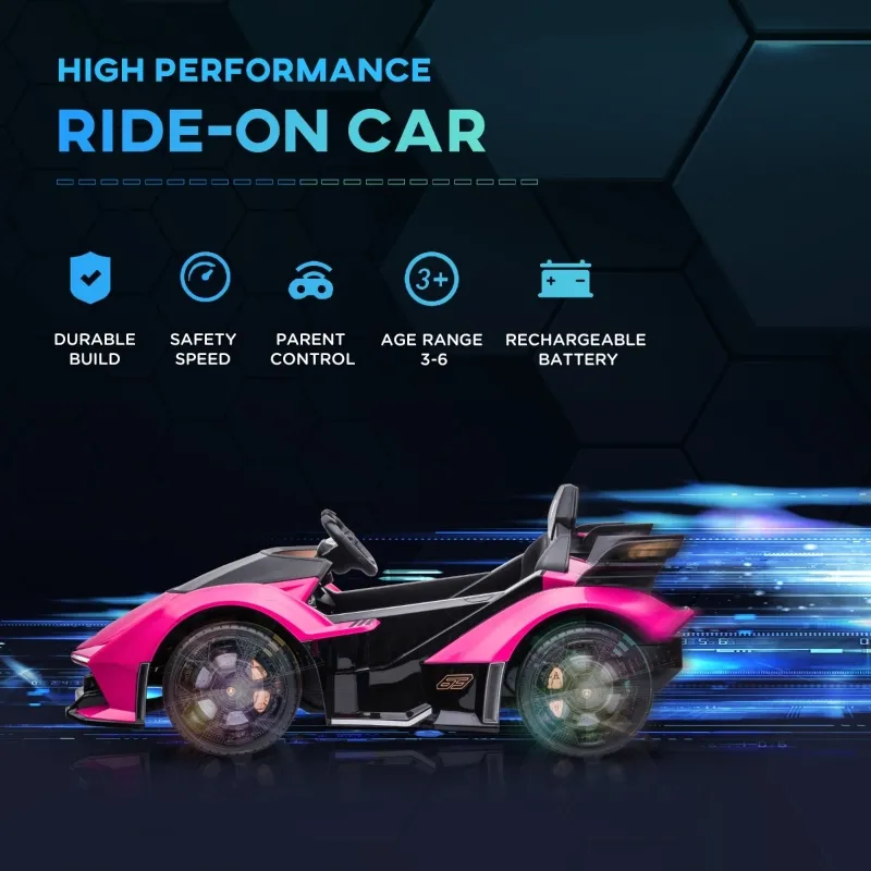 Aosom 12V Electric Ride-on Car, Licensed Lamborghini V12 Vision Gran Turismo Battery-Powered Ride-on Toy with Remote Control, Bluetooth, Music, LED Lights, for 3-6 Year Old Boys and Girls, Pink
