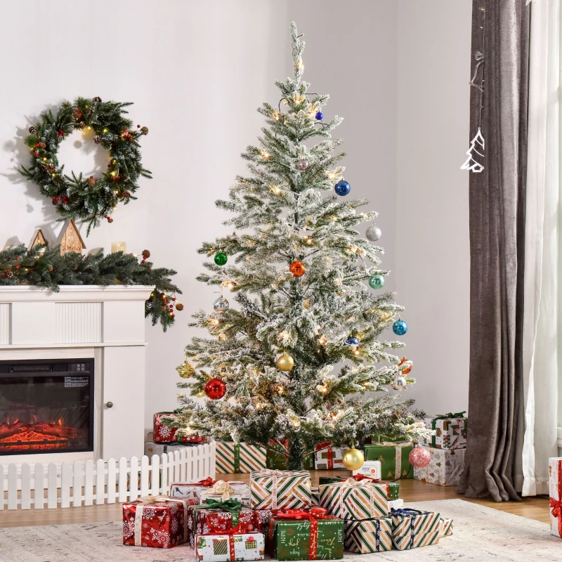 HOMCOM 6ft Pre-Lit Snow-Flocked Noble Fir Artificial Christmas Tree with Realistic Branches, 135 LED Lights and 239 Tips