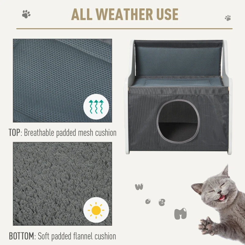 PawHut Cat House Two-tier Cat Condo Tree Tower Pet Furniture Kitty Small House for Indoor Living Room with Scratcher Pad Grey