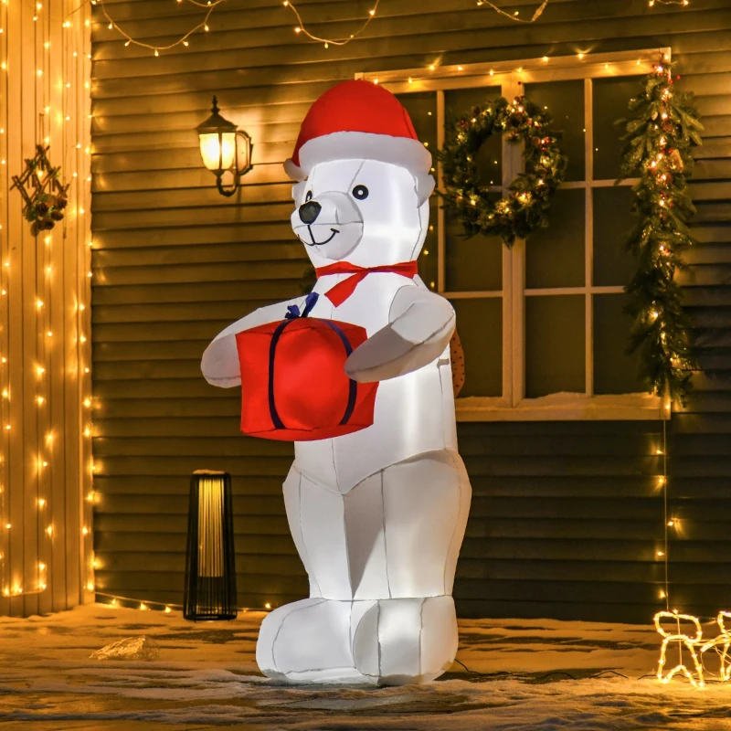 HOMCOM 6ft Christmas Inflatables Outdoor Decorations Polar Bear with a Present, Blow-Up Yard Christmas Decor with LED Lights Display