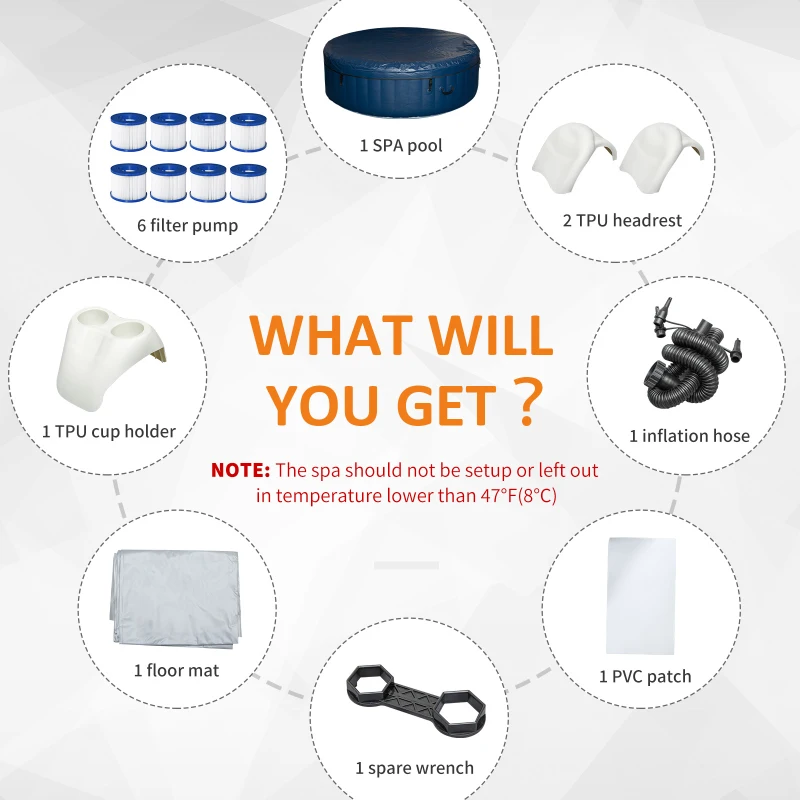 Outsunny 4-6 Person Inflatable Portable Hot Tub Outdoor Round Heated Spa with 130 Jets, Cover, Filter Cartridges, Blue