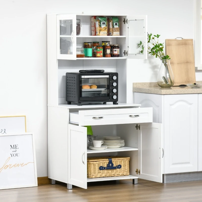 HOMCOM 67" Buffet with Hutch, Modern Kitchen Pantry, Freestanding Storage Cabinet with Framed Glass Doors, Shelves and Drawers, White