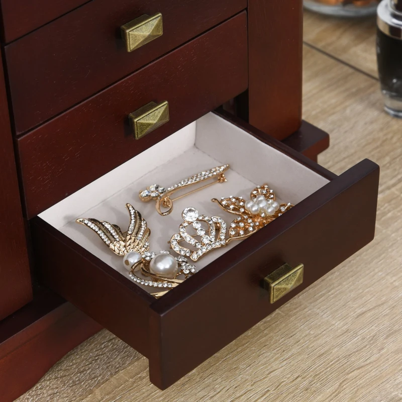 HOMCOM Tabletop Jewelry Case Beauty Organizer with Mirror, 6 Slot Shelves for Necklaces and Earrings, Lockable - Walnut