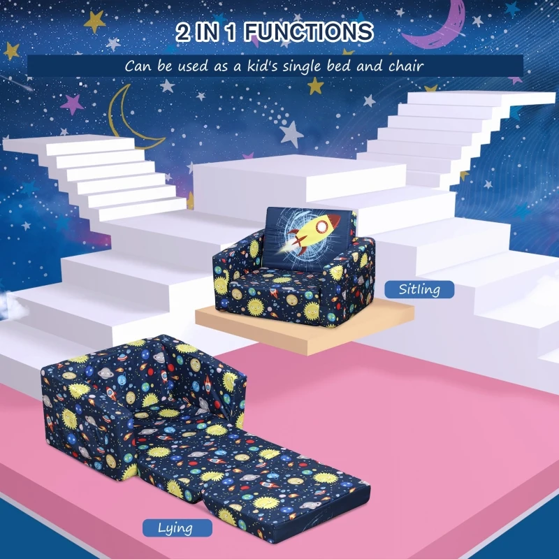 Qaba Kids Fold-Out Couch/Chair Lounger with Space-Themed Washable Fabric & Removable Cushion for 3-6 Years Old, Blue