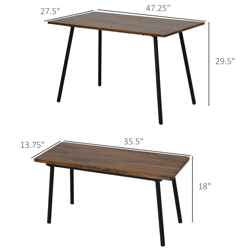 HOMCOM 3 PCs Table Dining Set With 2 Matching Benches P2 Grade MDF Steel Legs Dining Room - Brown