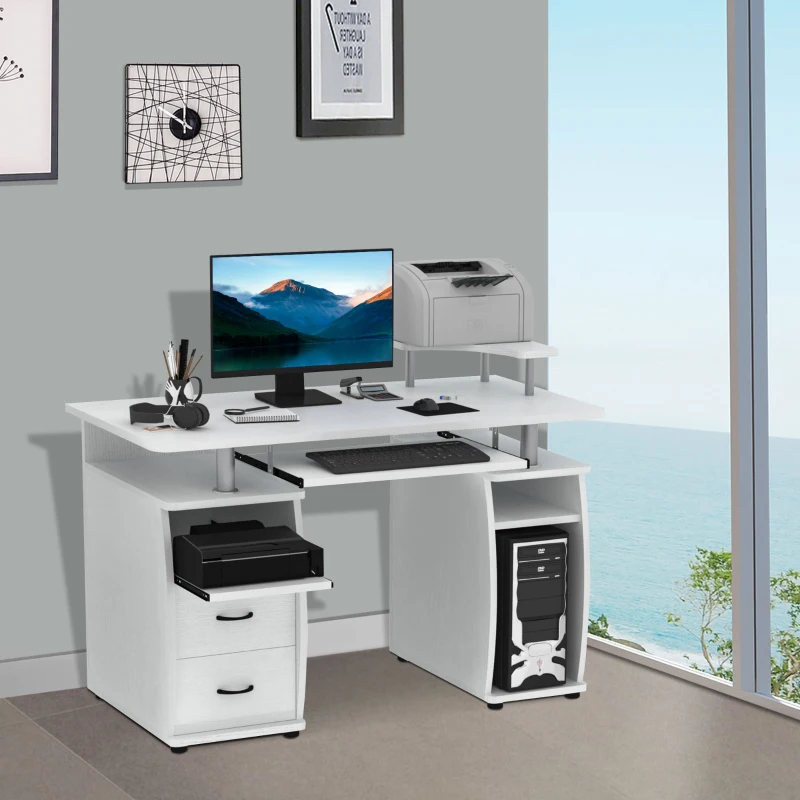 HOMCOM Multi-Function Computer Desk Home Office Workstation with Sliding Keyboard Tray, Elevated Shelf, Drawers and CPU Stand, White