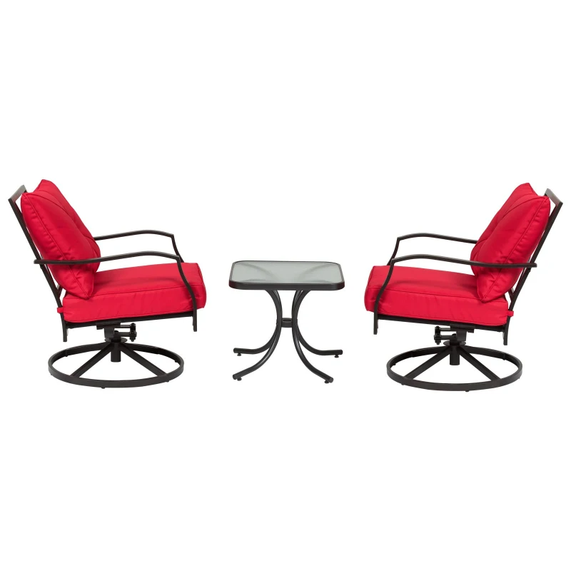 Outsunny 3pcs Outdoor 360° Swivel Metal Rocking Chair with Toughened Glass Coffee Table Set Garden Rocker & Tea Table Set w/ Cushion Red