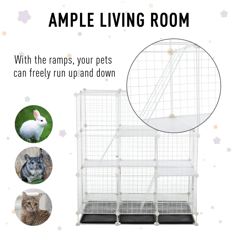 PawHut Small Animal Playpen C&C Cage Wire Bunny Pen for Kitten, Chinchillas, with Doors, Ramps and Trays, White