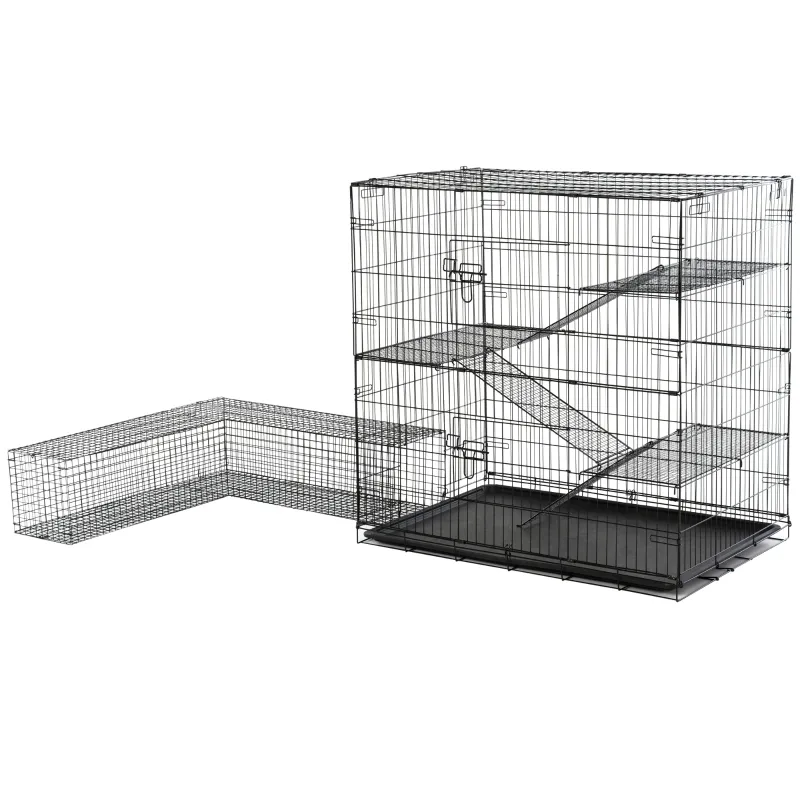 Pawhut Small Animal Cage Hutch Pet Play House with Platform, Ramp, Removable Tray, Wire Runway for Rabbits, Guinea Pigs, Ferret