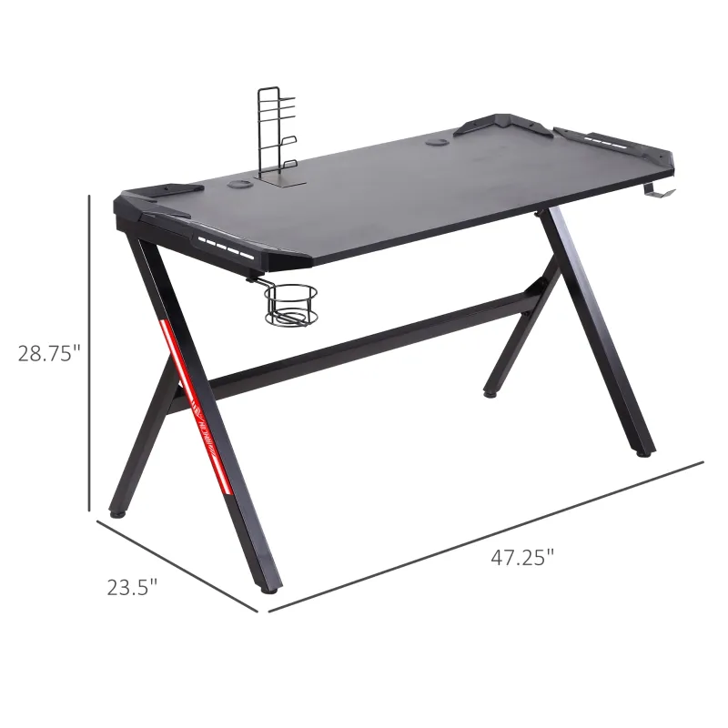 HOMCOM 47.25" Gaming Desk Racing Style Computer Table with LED Light Cup Gamepad Holder Headphone Hook Cable Management E-sport Study Workstation, Black