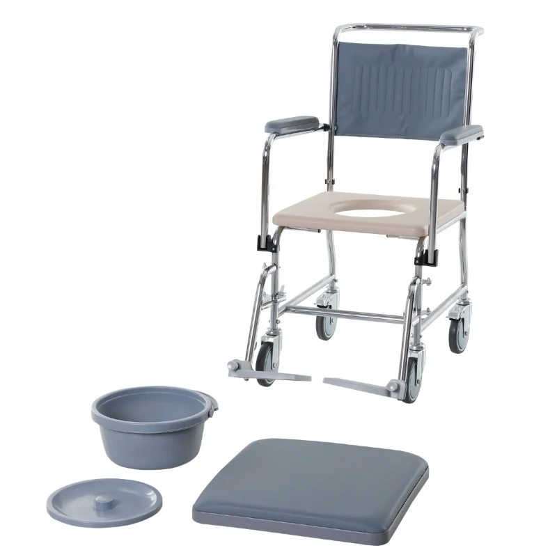 HOMCOM Shower Rolling Chair Personal Mobility Assist Bedside Commode Toilet Chair with Detachable Bucket Armrest Wheelchair Design Armchair for Elder Disabled Pregnant, Grey