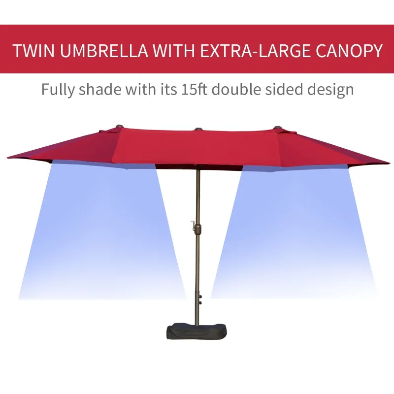 Outsunny Patio Umbrella 15' Steel Rectangular Outdoor Double Sided Market with base, UV Sun Protection & Easy Crank for Deck Pool Patio, Wine Red