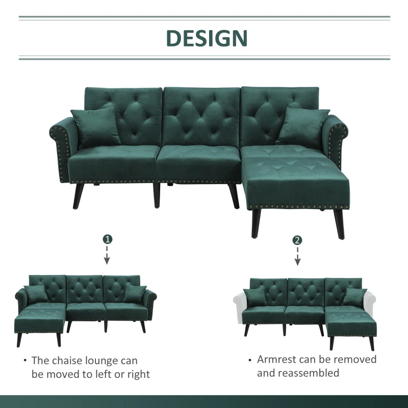 HOMCOM Modern Fabric Sectional Sofa Bed Set, Double Sofa and Chaise Lounge with Adjustable Backrest and 2 Removable Cushions, for Living Room Waiting Room, Dark Green