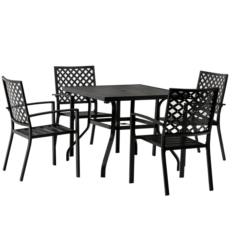 Outsunny 5-Piece Outdoor Patio Table Dining Set with 4 Stackable Chairs, Durable Steel Design & Middle Umbrella Hole