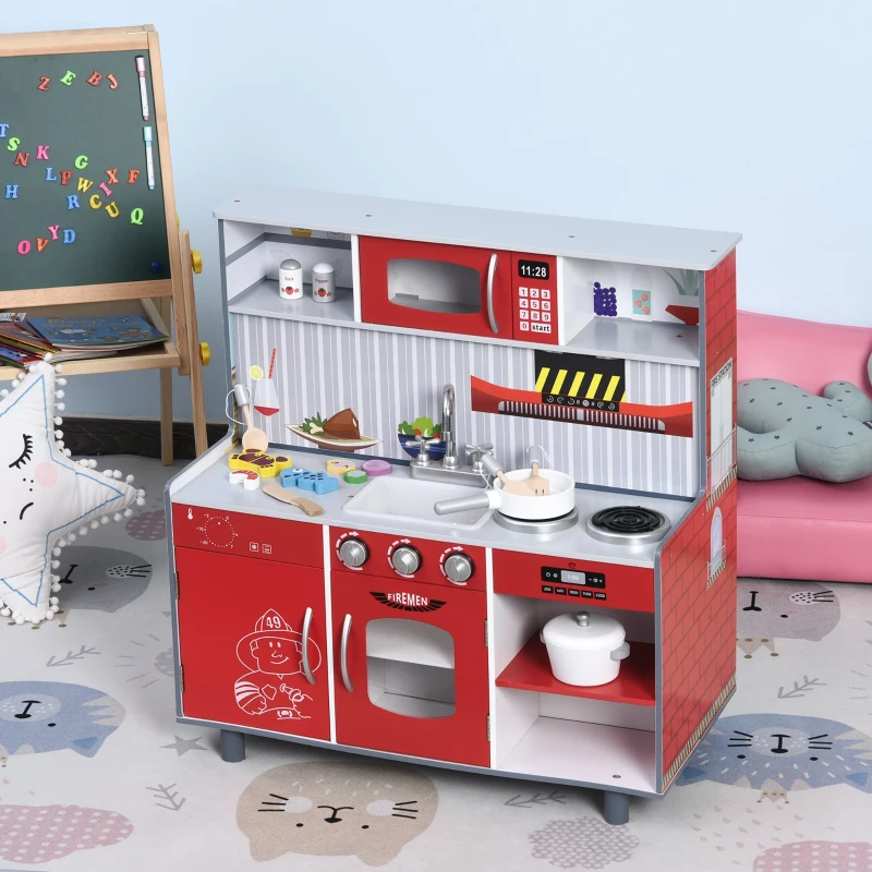 Qaba 2 in 1 Multifuction Kids Kitchen Play Set with Accessories Large Play Kitchen Red