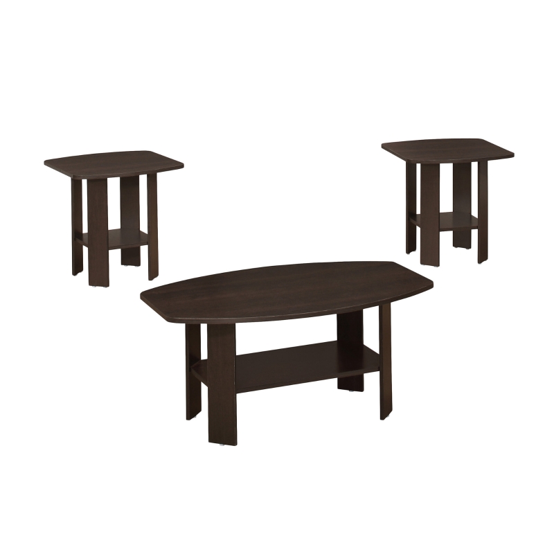Monarch 3 Piece Contemporary Shelved Wood-Look Coffee Table / Two Matching End Tables Set - Cappuccino