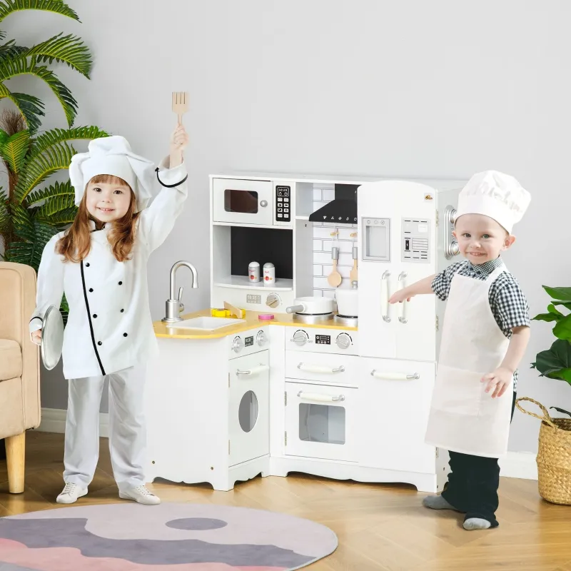Qaba Large Play Kitchen with Full Set of Appliances for a Modern Day Pretend Kitchen, Tons of Storage, Corner Play Kitchen Set with Sound Effect, Educational Pretend Role Playset Game