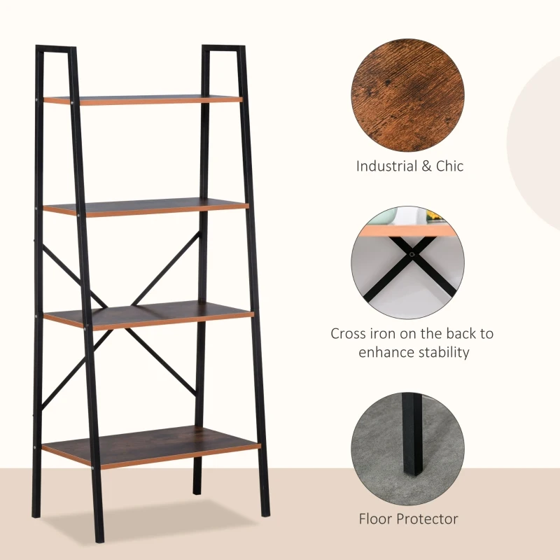 HOMCOM Wooden Metal 4 Tier Vintage Rustic Industrial Ladder Style Bookcase Shelf, Black/Vintage wood