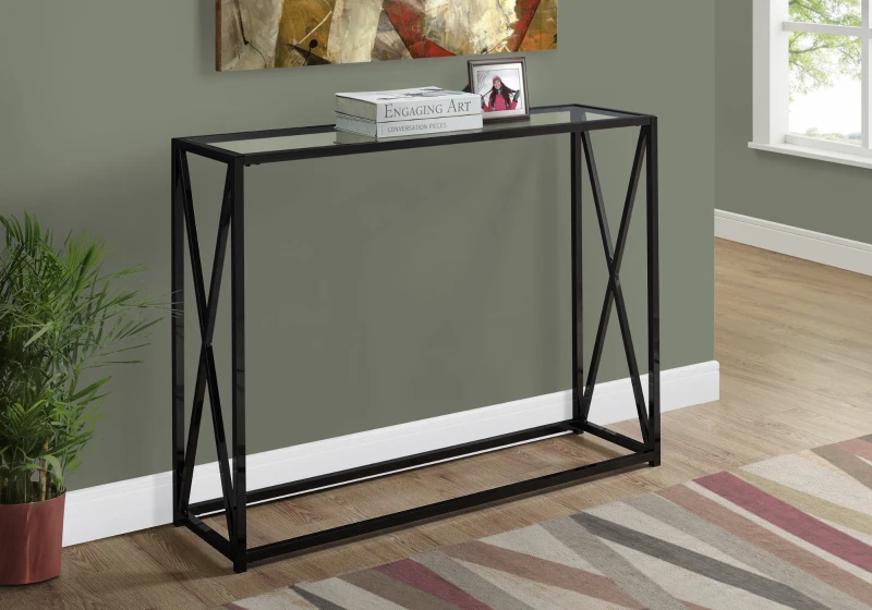 Monarch 42" Contemporary Tempered Glass Hall Sofa Console Table with X-Design Metal Base - Black Nickel Finish