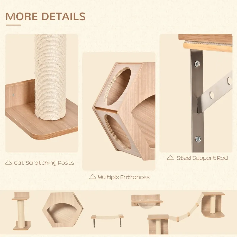 PawHut Cat Tree 5PCs Pet Wall-mounted Climbing Frame Shelf Set Kitten Perch Activity Center with Hammock, Scratching Post, Jumping Platform, Condo Light Brown