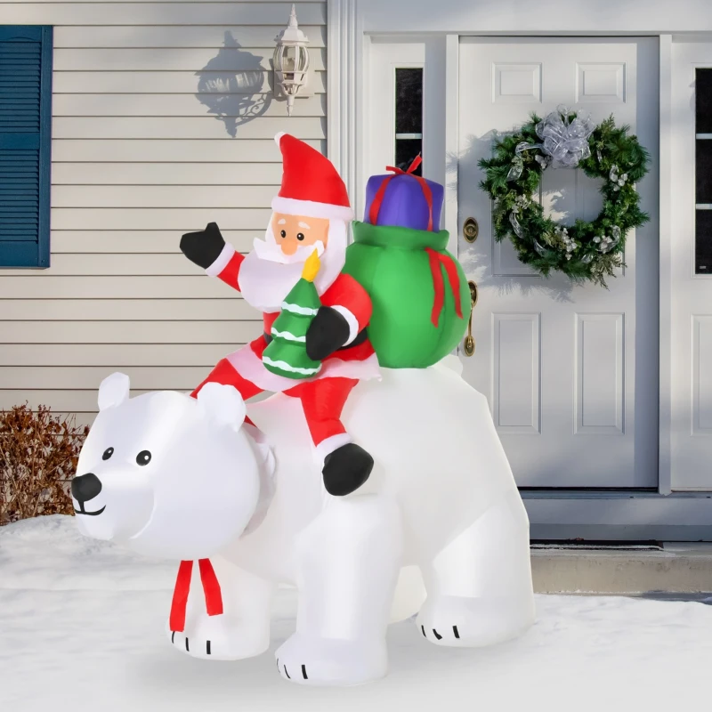 HOMCOM 6ft Christmas Inflatable Animated Moving Santa Claus Riding A Polar Bear with Toy Bag, Outdoor Blow-Up Yard Decoration with LED Lights Display