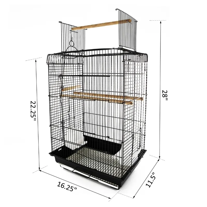 PawHut 28"H Steel Bird Cage with Open Play Top, Perch, Feeding Bowl for Parrot Lovebirds Parakeets Cockatiels - Black
