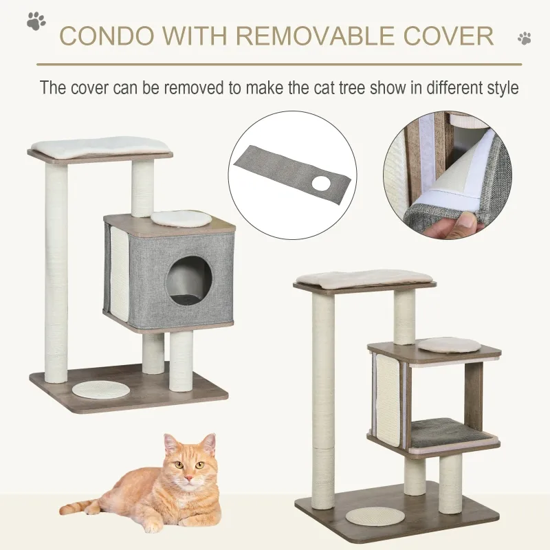 PawHut 34" Cat Tree Tower Activity Center with Natural Jute Scratch Material, Cushions on Each Platform, & Condo Area