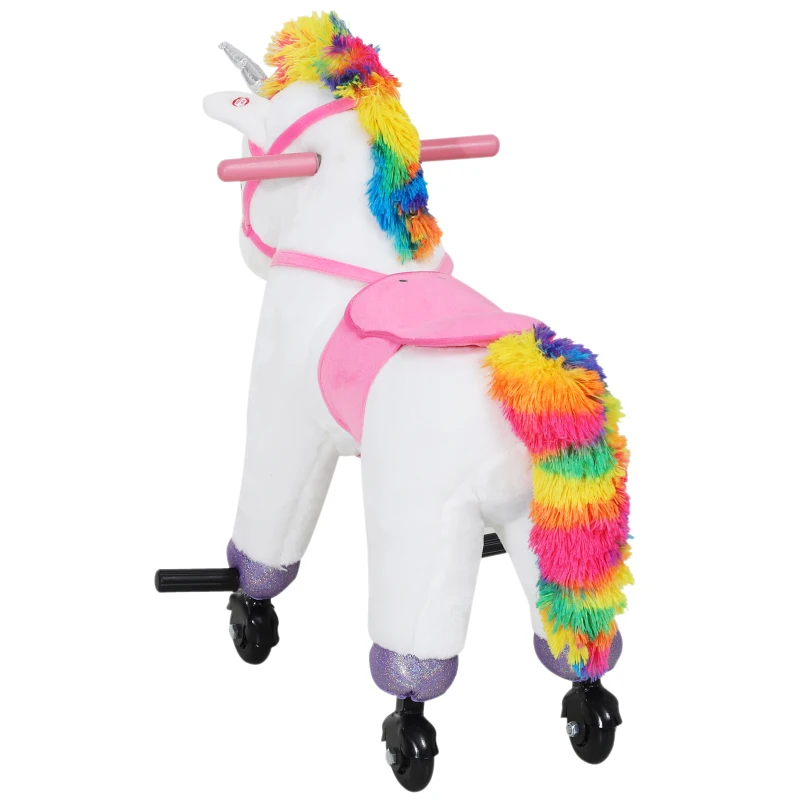 Qaba Kids Plush Toy Ride-on Rocker Unicorn Horse Rolling Pony w/ Realistic Sound - White