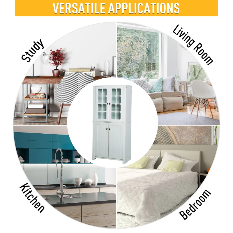 HOMCOM 71" Freestanding Kitchen Pantry Cabinet with Glass Door and Shelves, Tall Cupboard for Dining Room, Living Room, White