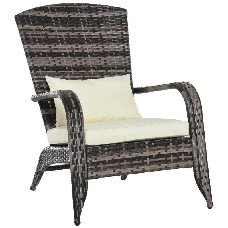 Outsunny Patio Wicker Adirondack Chair, All-Weather Rattan Fire Pit Chair with Soft Cushions, Tall Curved Backrest and Comfortable Armrests, Mixed Brown & Cream White