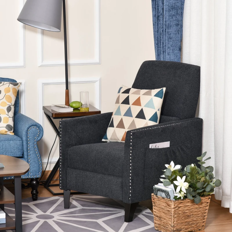 HOMCOM Push Back Manual Recliner Sofa,  Linen Fabirc Armchair with Thick Sponge Padding seat   and Footrest for Living Room, Dining Room, Office, Dark Grey