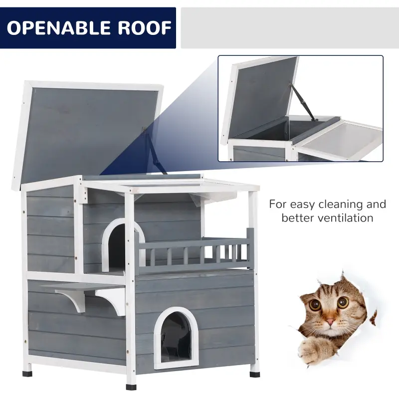 PawHut 2-Story Wooden Cat House Feral Cat Shelter with Transparent PVC Canopy, Balcony, Escape Door and Openable Weatherproof Roof for Outdoor, Grey
