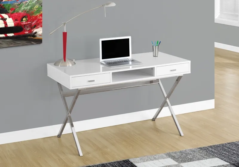 Monarch 48" Contemporary X Braced Writing Computer Desk with Drawers - Glossy White / Chrome Metal