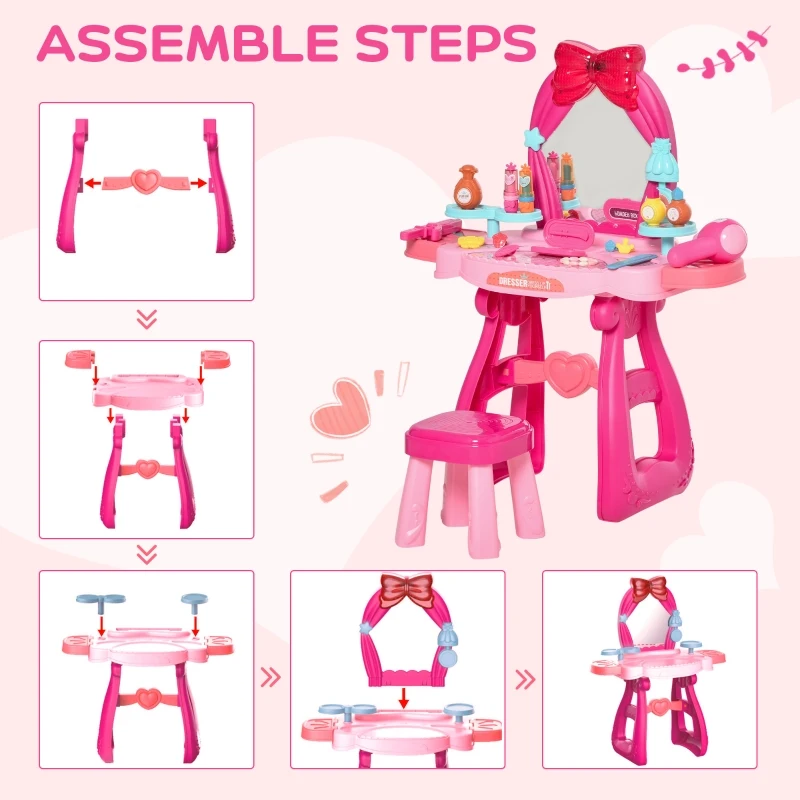 Qaba Pink Kids Vanity Makeup Table Set with Chair, 36-Piece Set Princess Vanity Table and Comfortable Safe Stool, Imaginative Toy, with Mirror Lights, Music, Bright Red, Pink