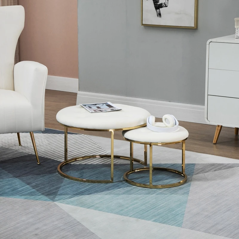 HOMCOM Nesting Coffee Table Set of 2, Round End Tables with Velvet-Feel Button Tufted Top for Living Room, Home Office, White
