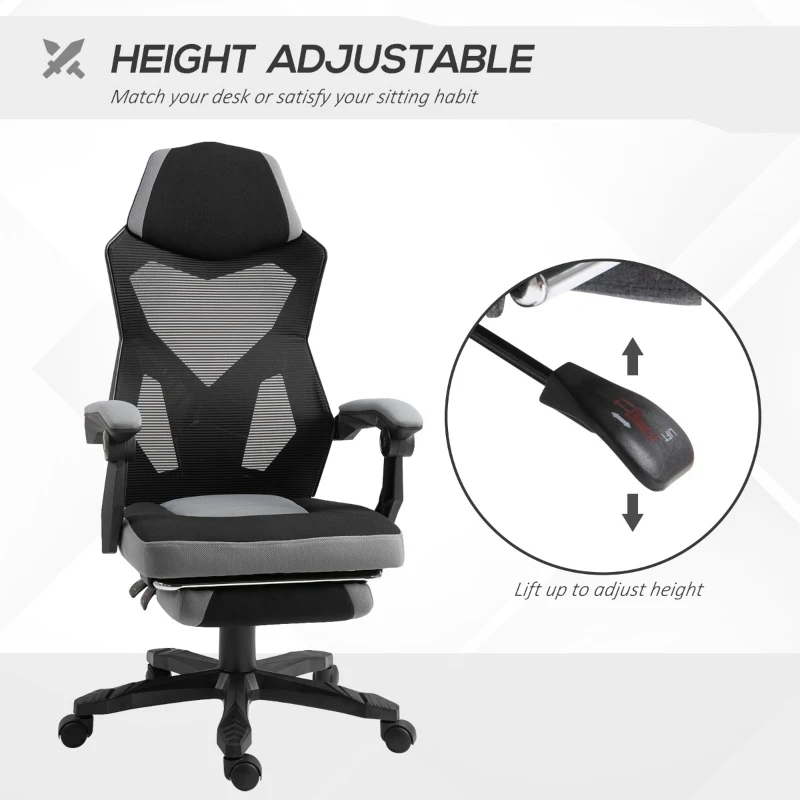 Vinsetto Home Office Chair Adjustable Height Recliner with Retractable Footrest, Mesh Back - Gray