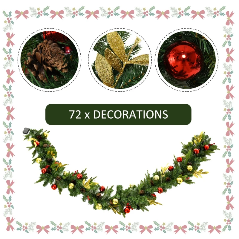 HOMCOM 9FT Pre-Lit Christmas Garland Decoration Artificial Greenery w/ Pine Cone  Ball