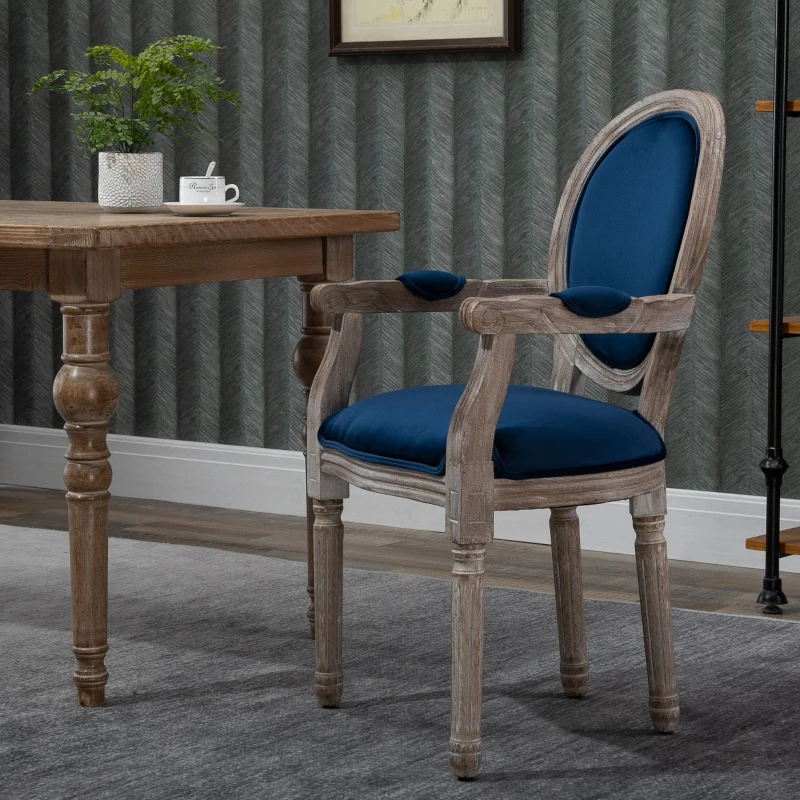 HOMCOM Vintage Dining Chair with Round Back, Thick Sponge Padded Seat and Section Armrest with Wood Frame, Blue
