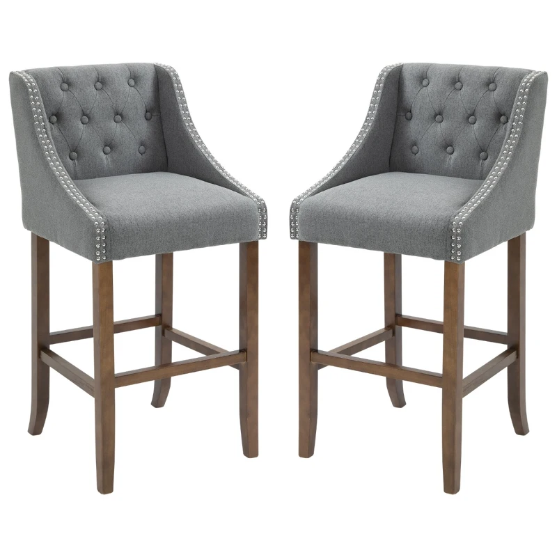 HOMCOM Modern Bar Height Bar Stools Set of 2, 30" Seat Height Bar Chair for Kitchen Living Room with Mid Back, Wood Legs, Nailhead Trim & Tufted Upholstery, Dark Grey