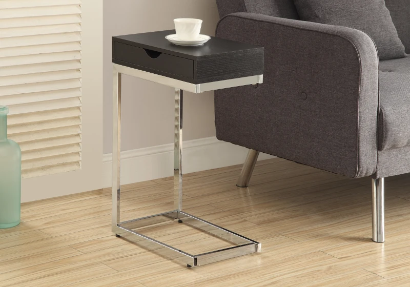 Monarch 24" Contemporary Wood Grain-Look Chrome Metal Base C-Shaped Side Accent Table with Storage Drawer - Cappuccino Brown Finish
