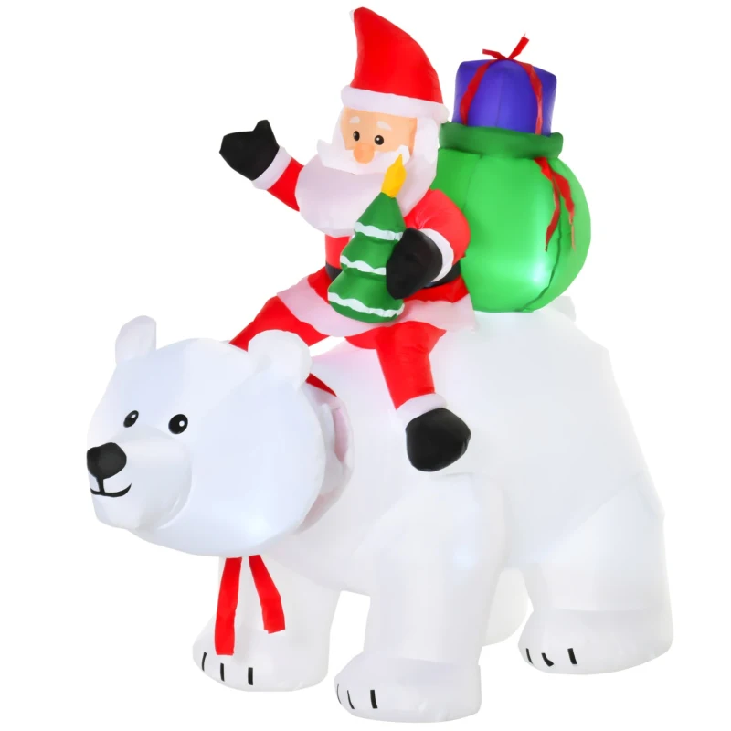 HOMCOM 6ft Christmas Inflatable Animated Moving Santa Claus Riding A Polar Bear with Toy Bag, Outdoor Blow-Up Yard Decoration with LED Lights Display