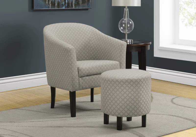 Monarch Traditional Accent Chair with Matching Circular Ottoman - Light Grey Geometric Design
