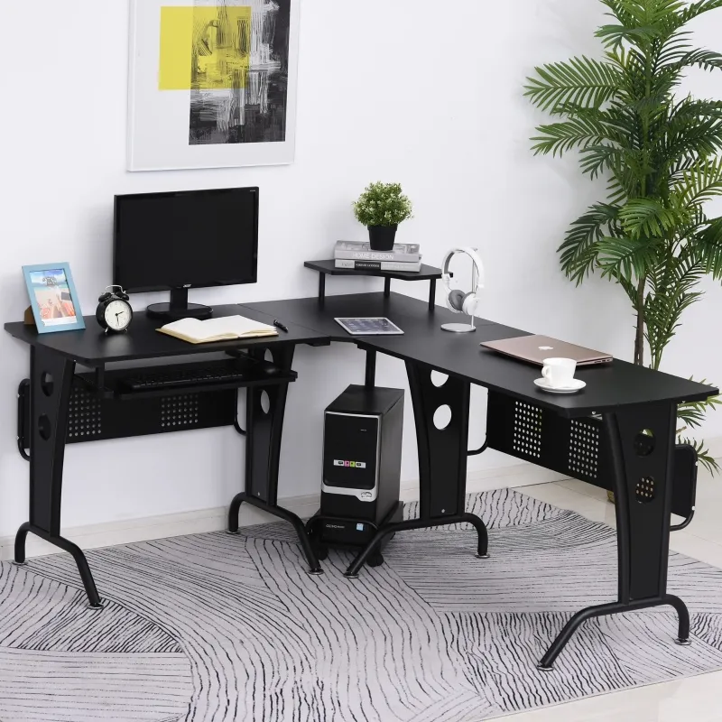 HOMCOM L-Shaped Corner Computer Office Desk Workstation with Elevated Shelf, Rolling Keyboard Tray, & Convenient CPU Stand, Black