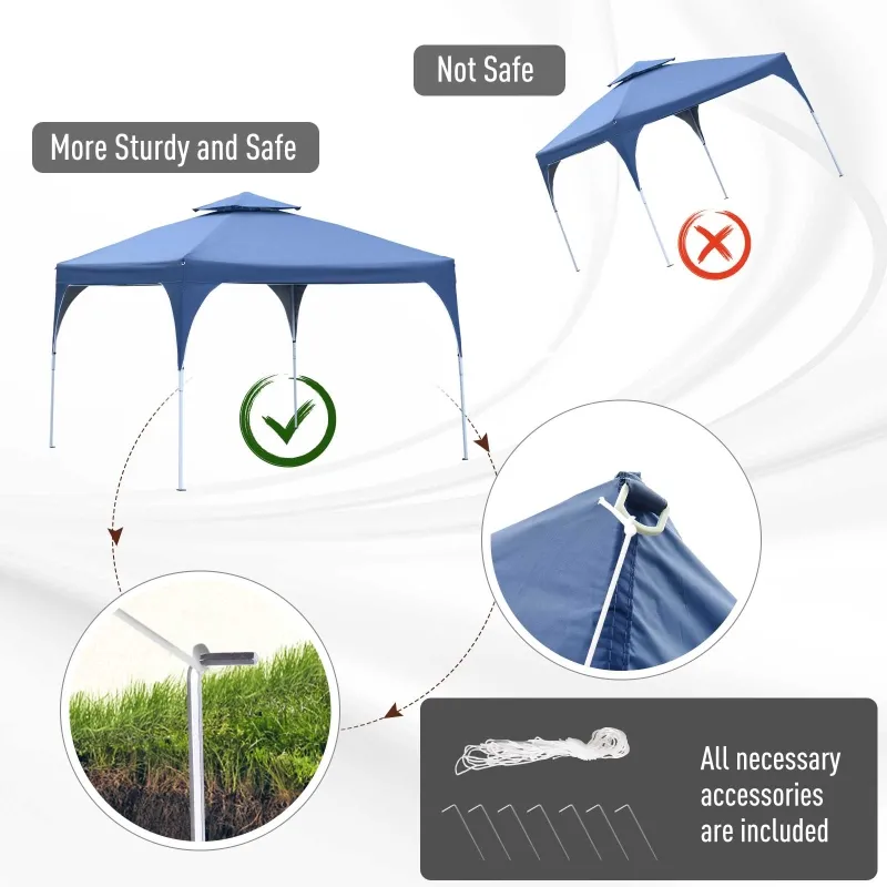 Outsunny 10'x10' Easy Pop-Up Party Tent 2 Tire Top Outdoor Activity Gazebo Canopy Sun Shade Fair Event Instant Shelter Vented Roof w/ Carrying Bag Blue