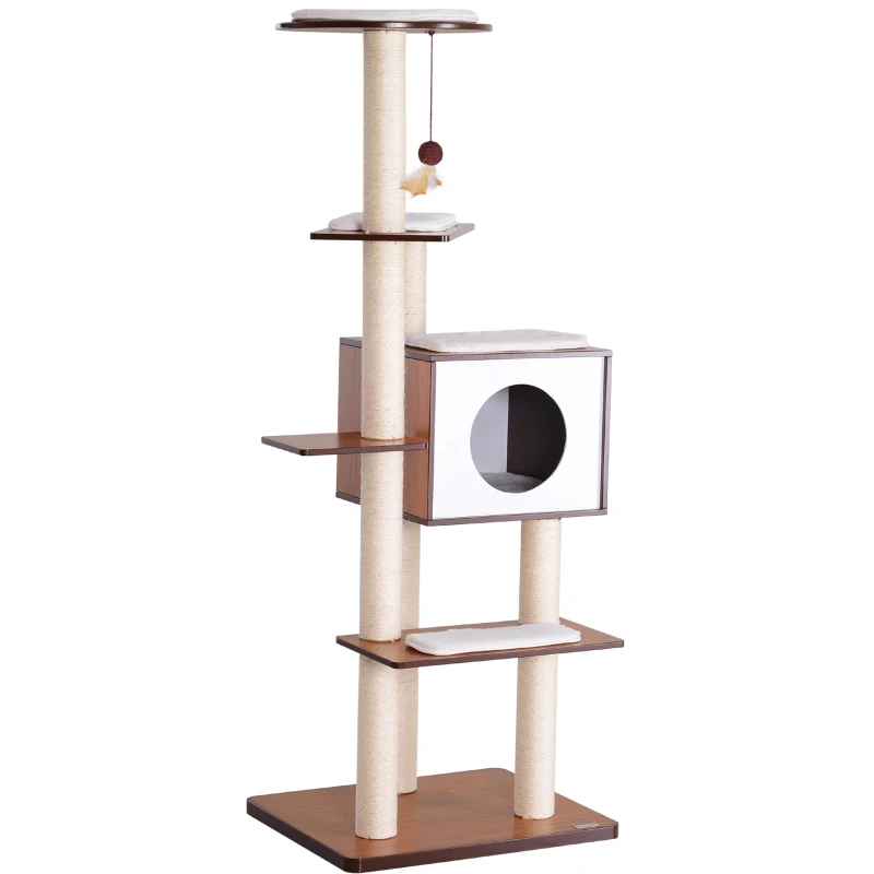 PawHut 60" Tall Cat Condo Tower Scratching Post Activity Tree House Furniture